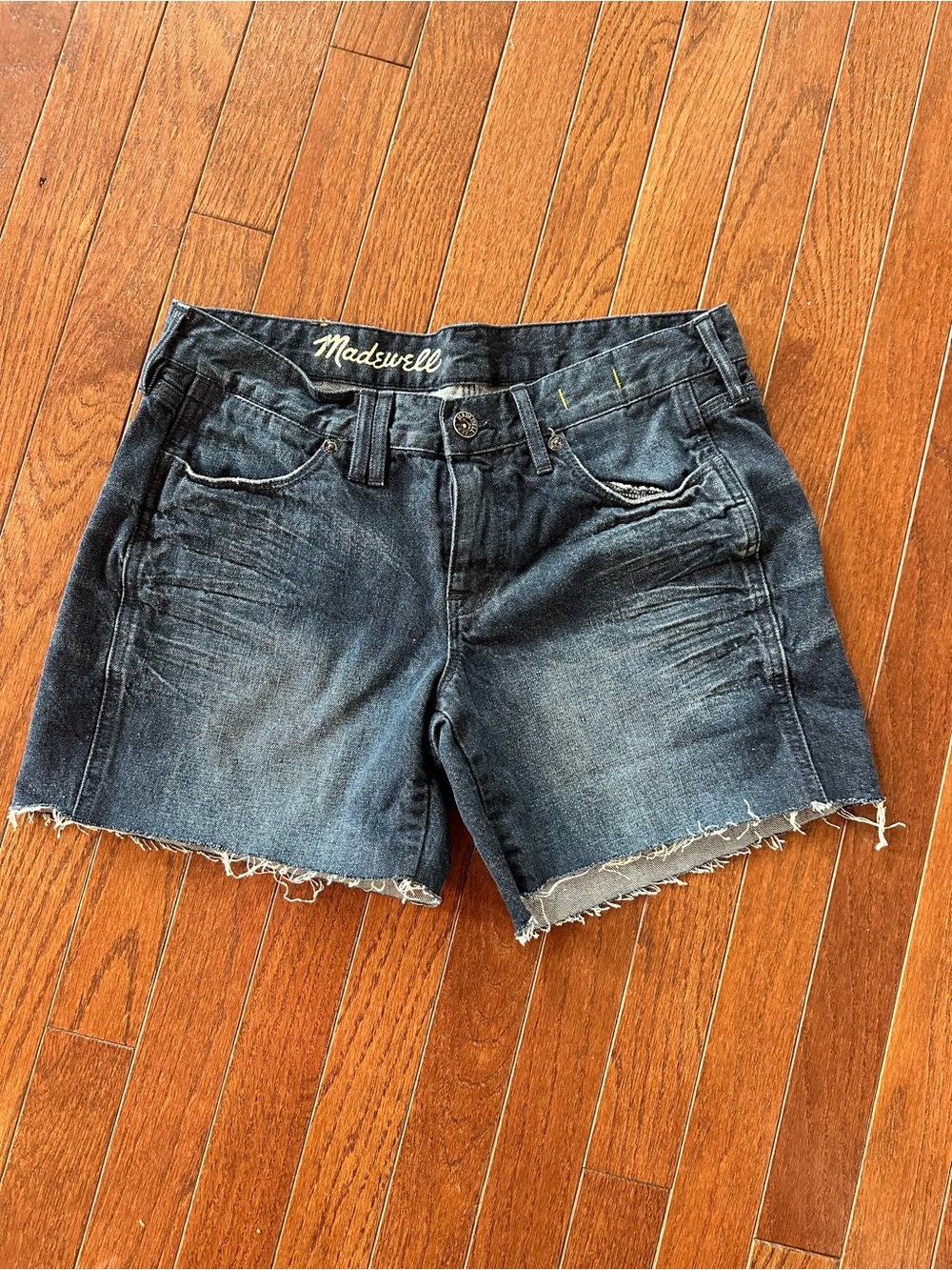 Madewell Washed Black-Blue Denim Frayed Hem Shorts